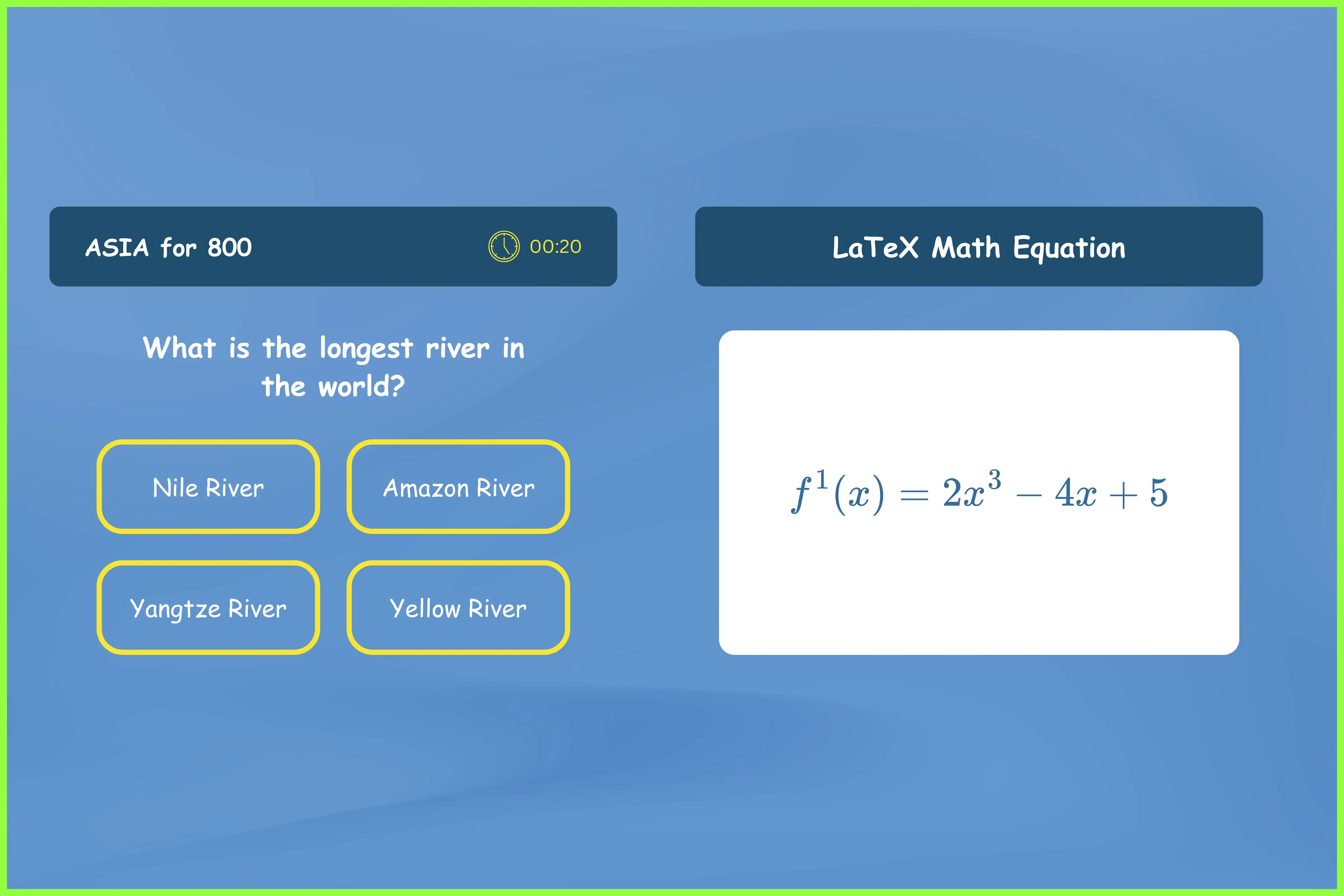 Split-screen showing a multiple-choice geography question and a complex LaTeX math equation.