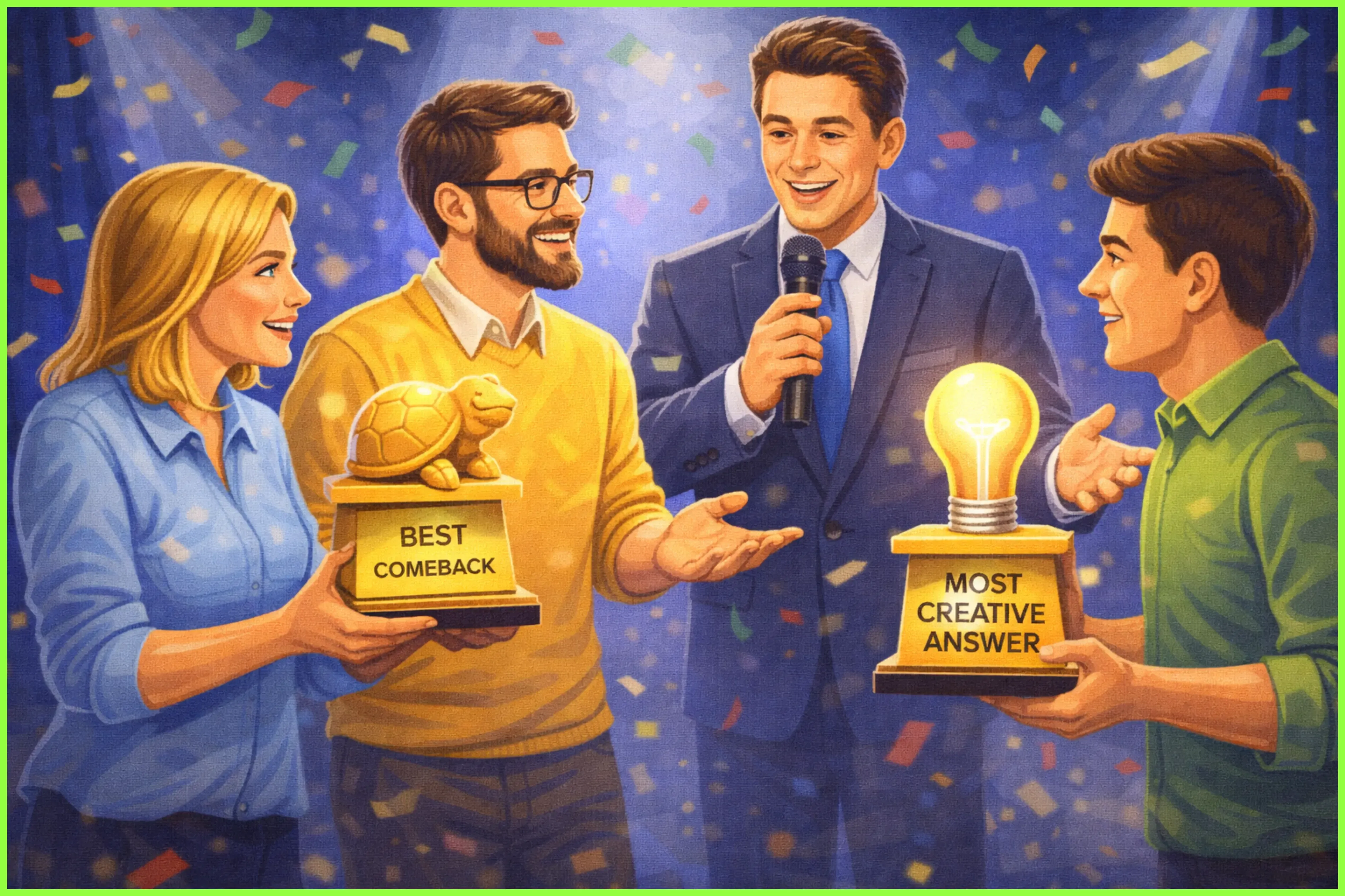 Celebration scene with a moderator presenting trophies to the winners.