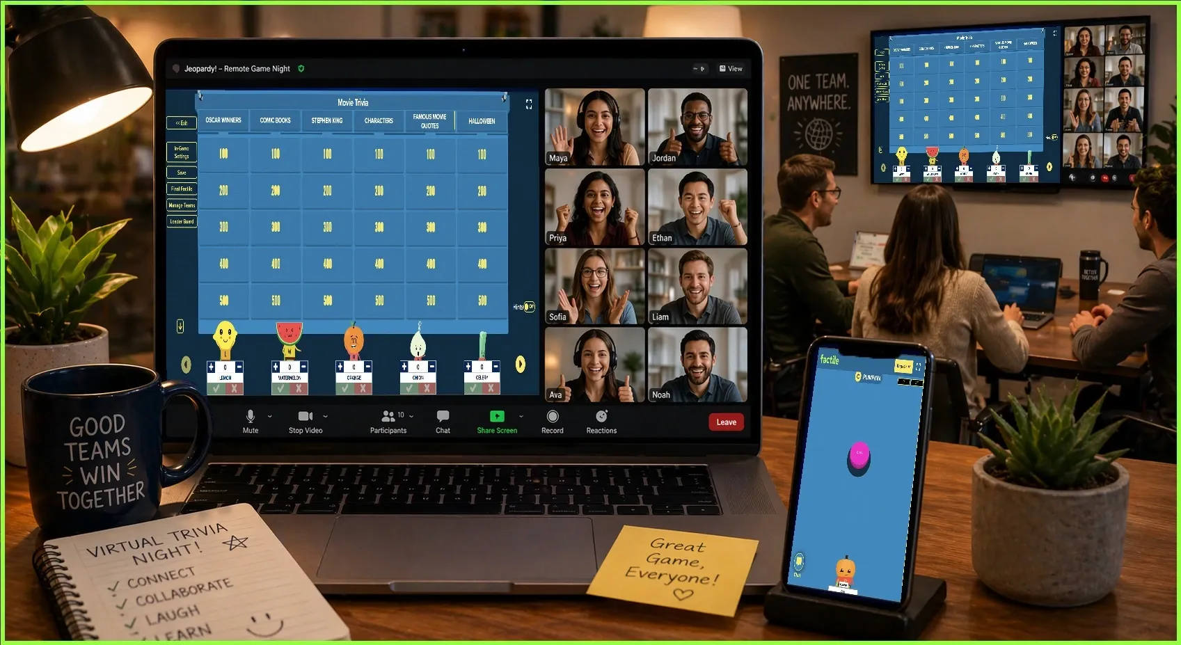 A remote hybrid game setup featuring a laptop displaying a video conference call and a Jeopardy game board alongside a mobile phone acting as a virtual buzzer for the Jeopardy game.