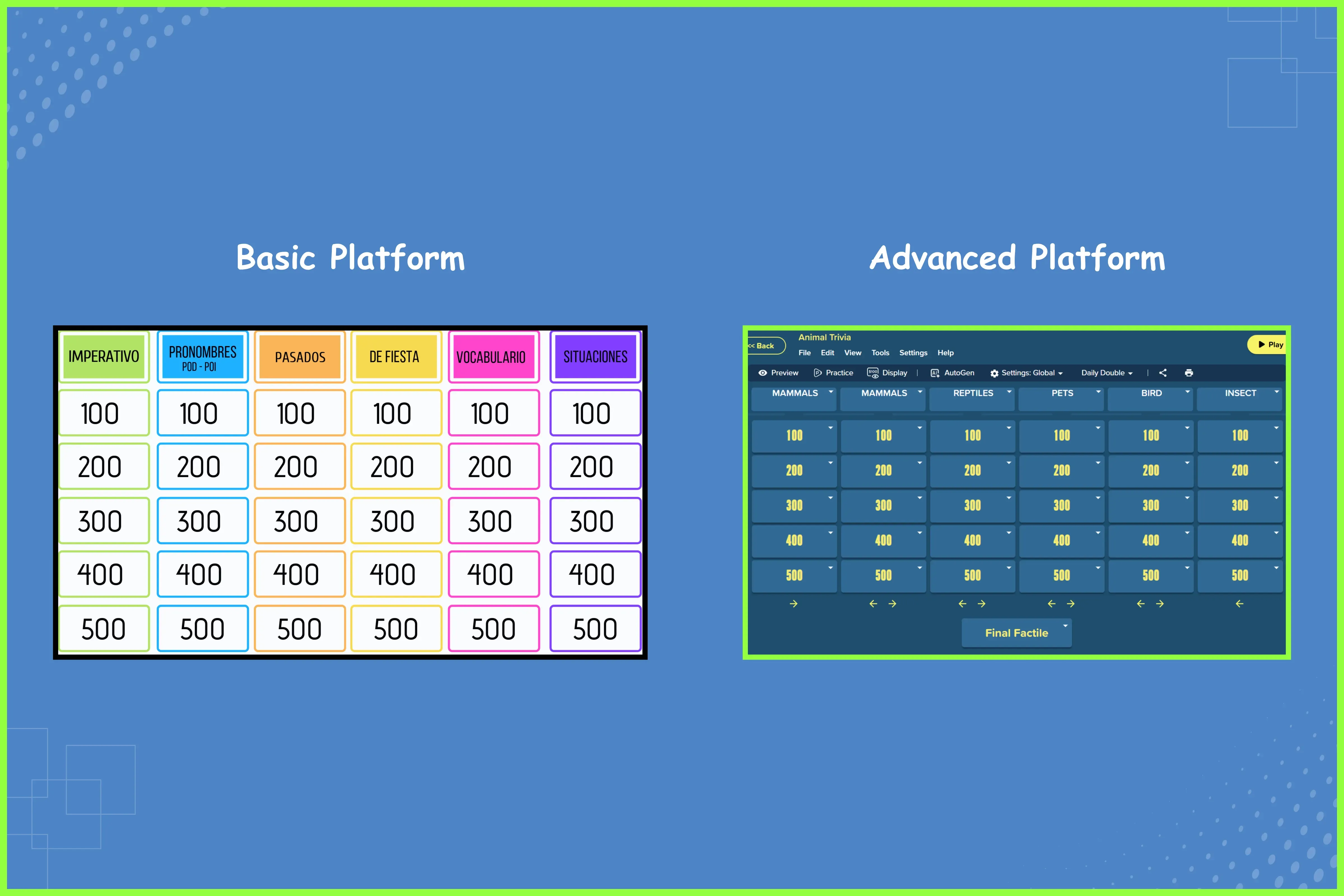 Comparison between a basic, text-only game grid and Factile’s advanced interface with global settings.