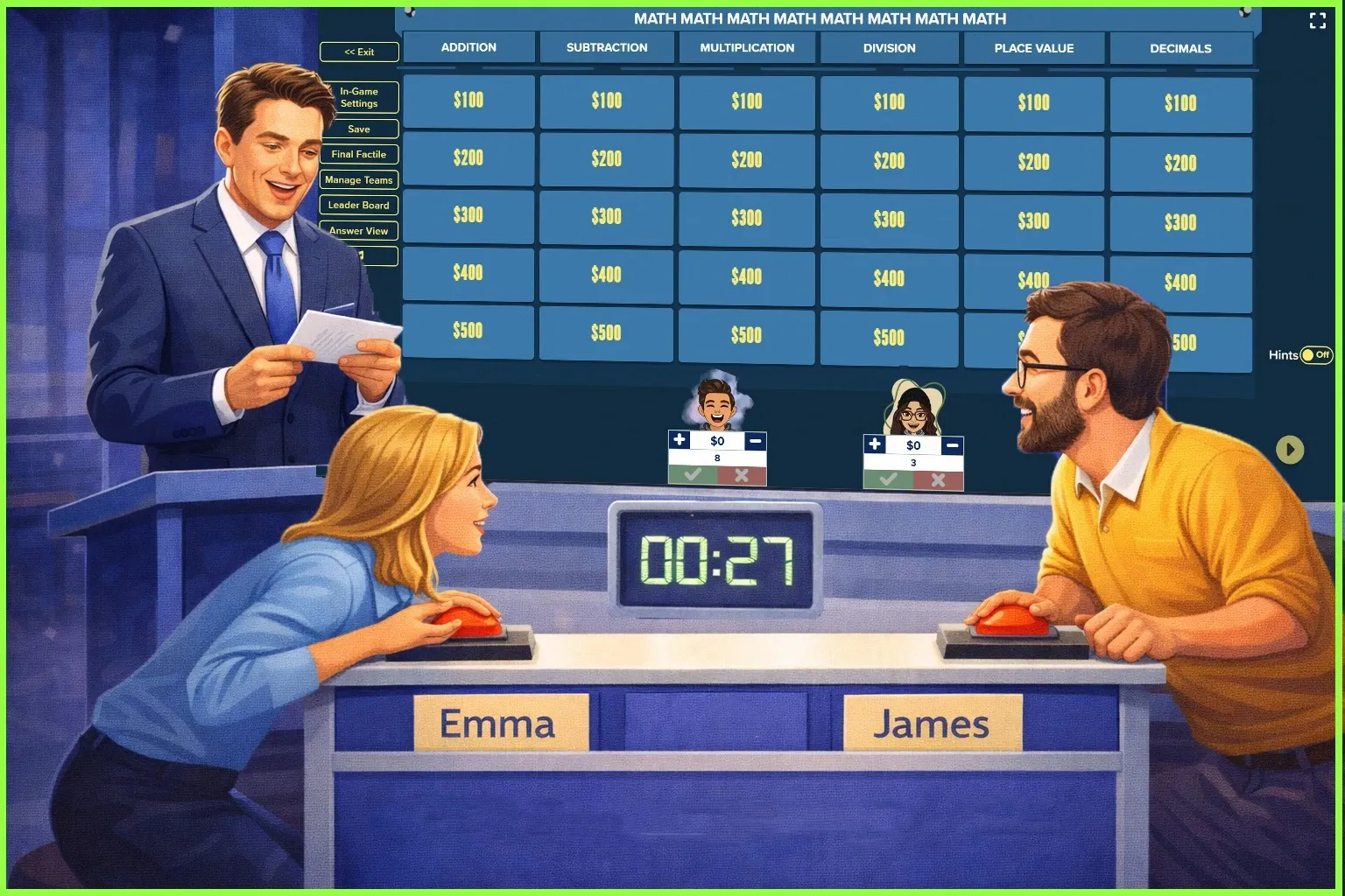 Moderator reading questions to contestants at their buzzer stations.