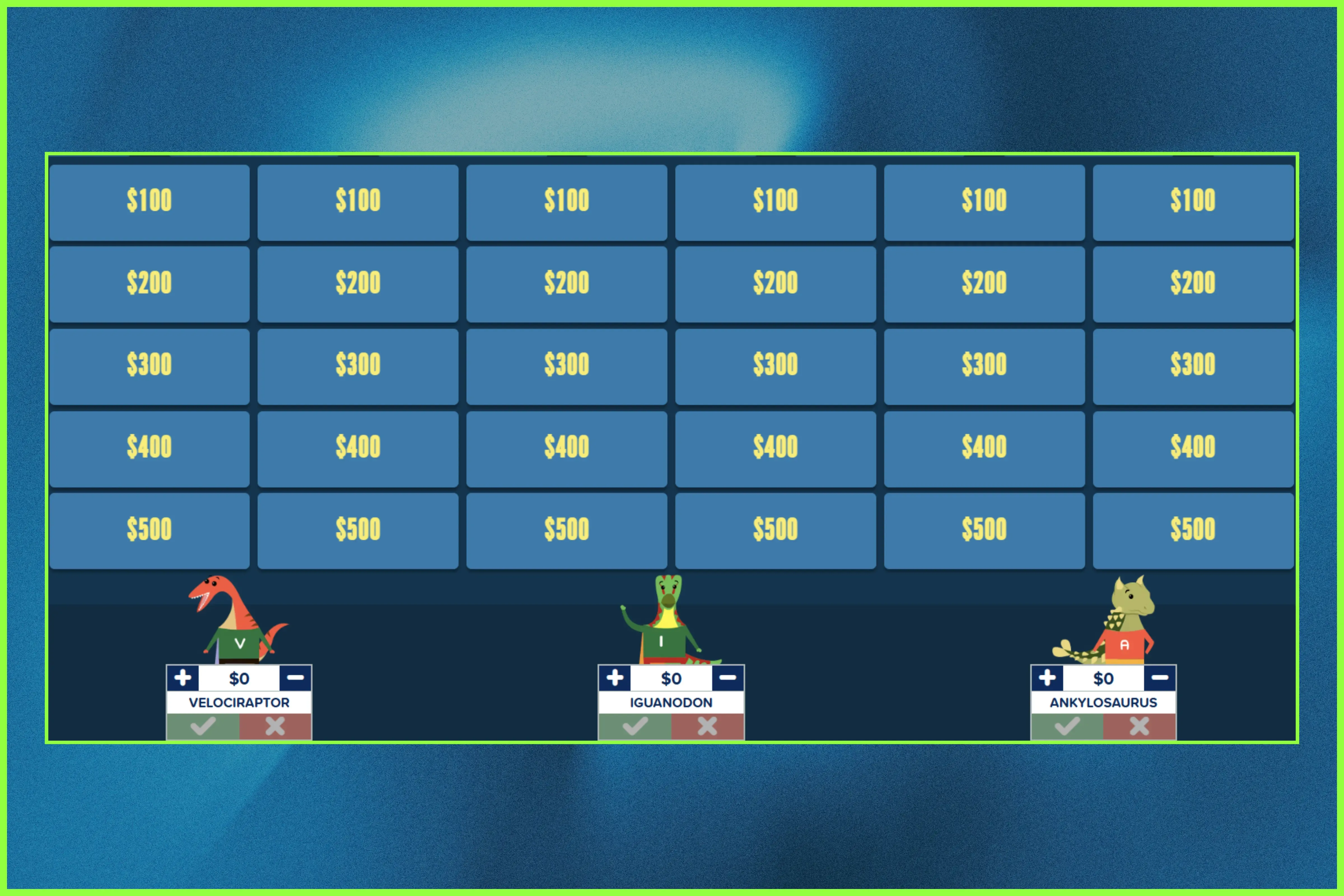 A blue Factile game board with point values and dinosaur-themed team mascots.