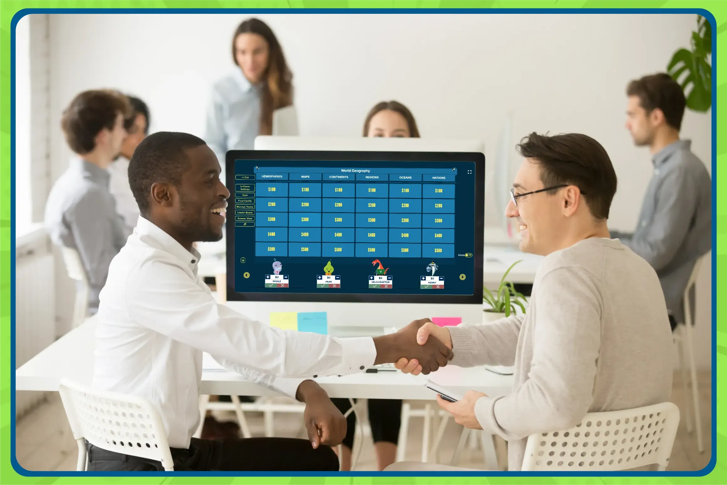 Office team building: two coworkers shake hands in front of a monitor showing a Factile Jeopardy‑style geography game board.