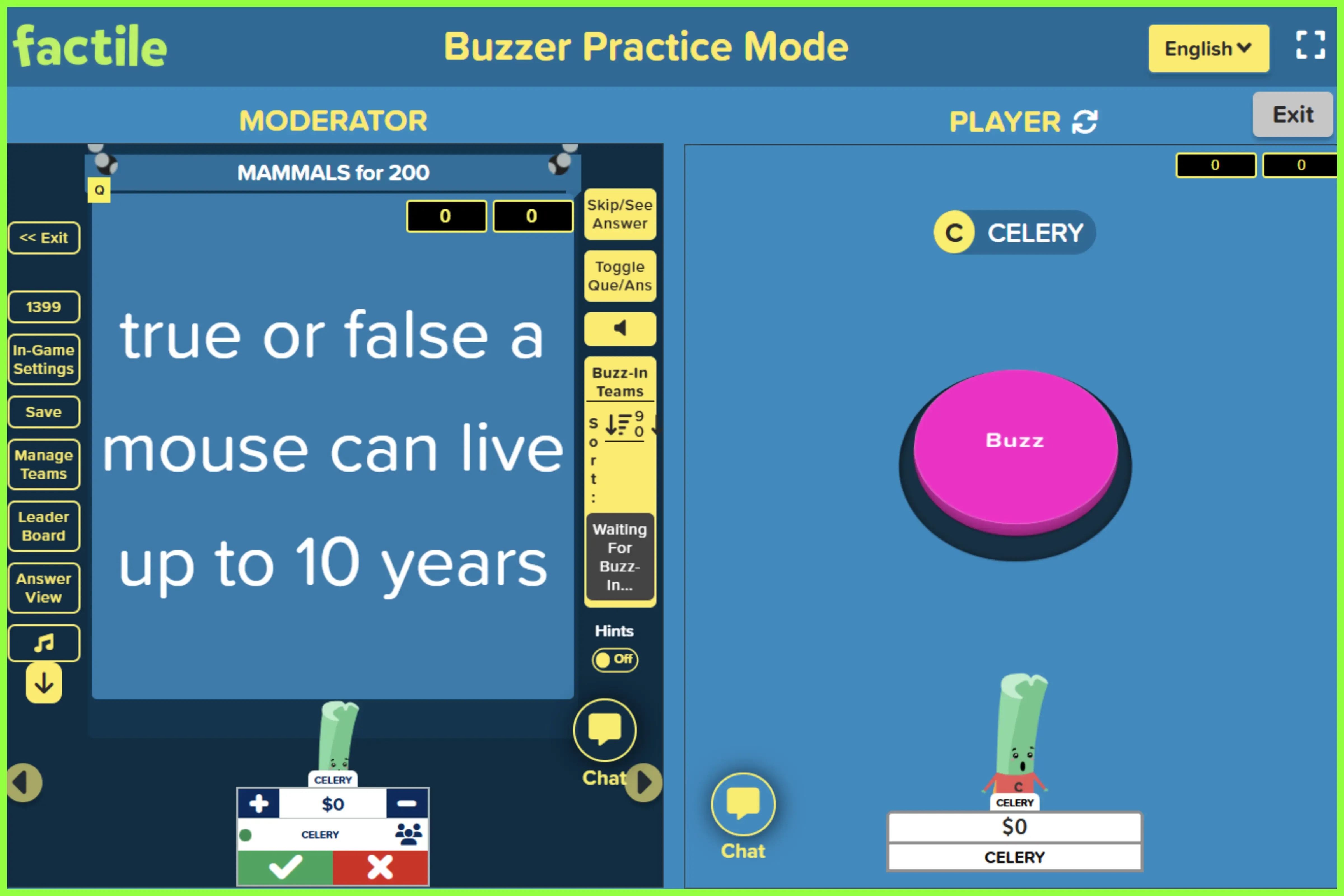Side-by-side view of the moderator’s game controls and a player’s mobile 