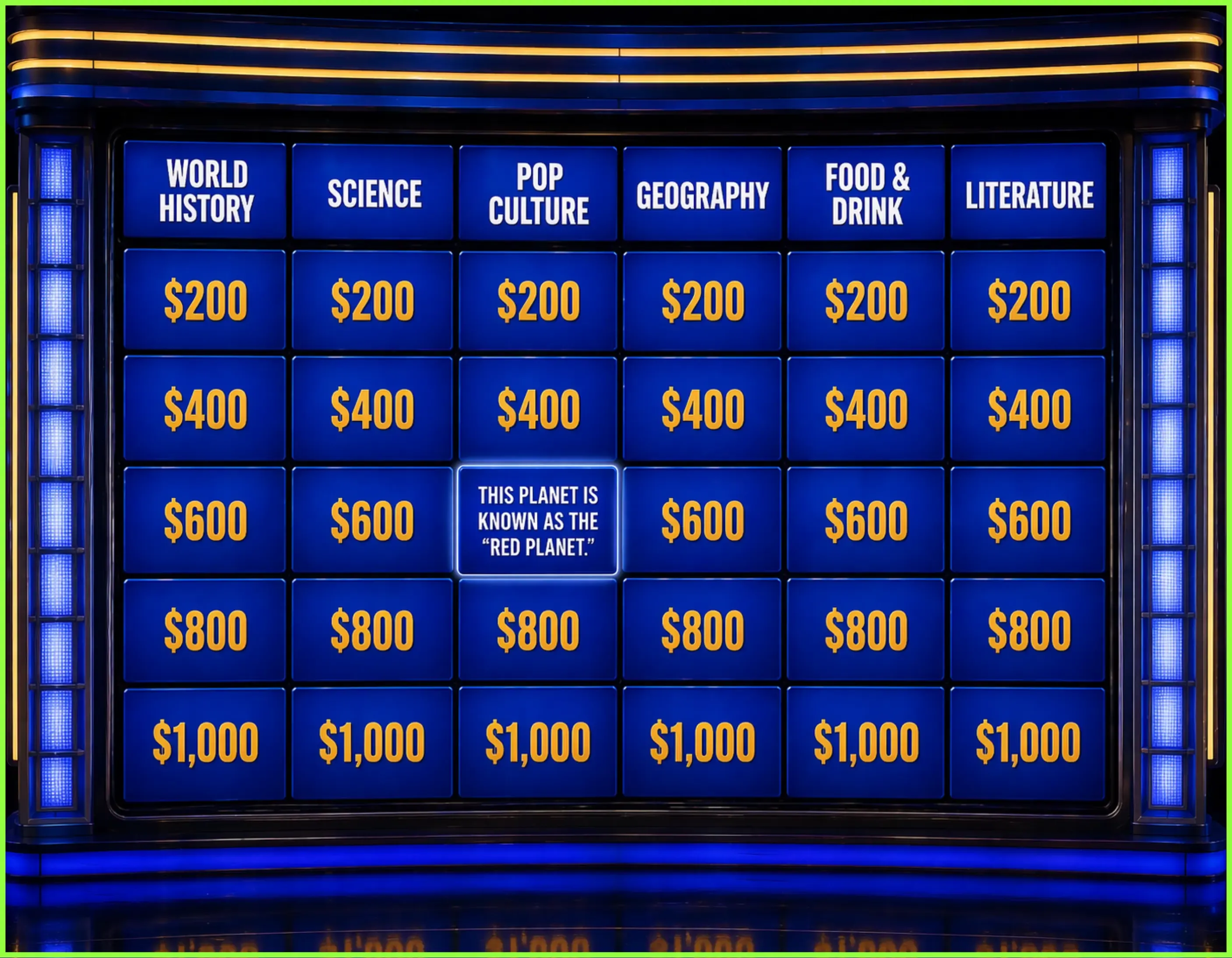 A standard Jeopardy game board featuring six categories and increasing dollar values.