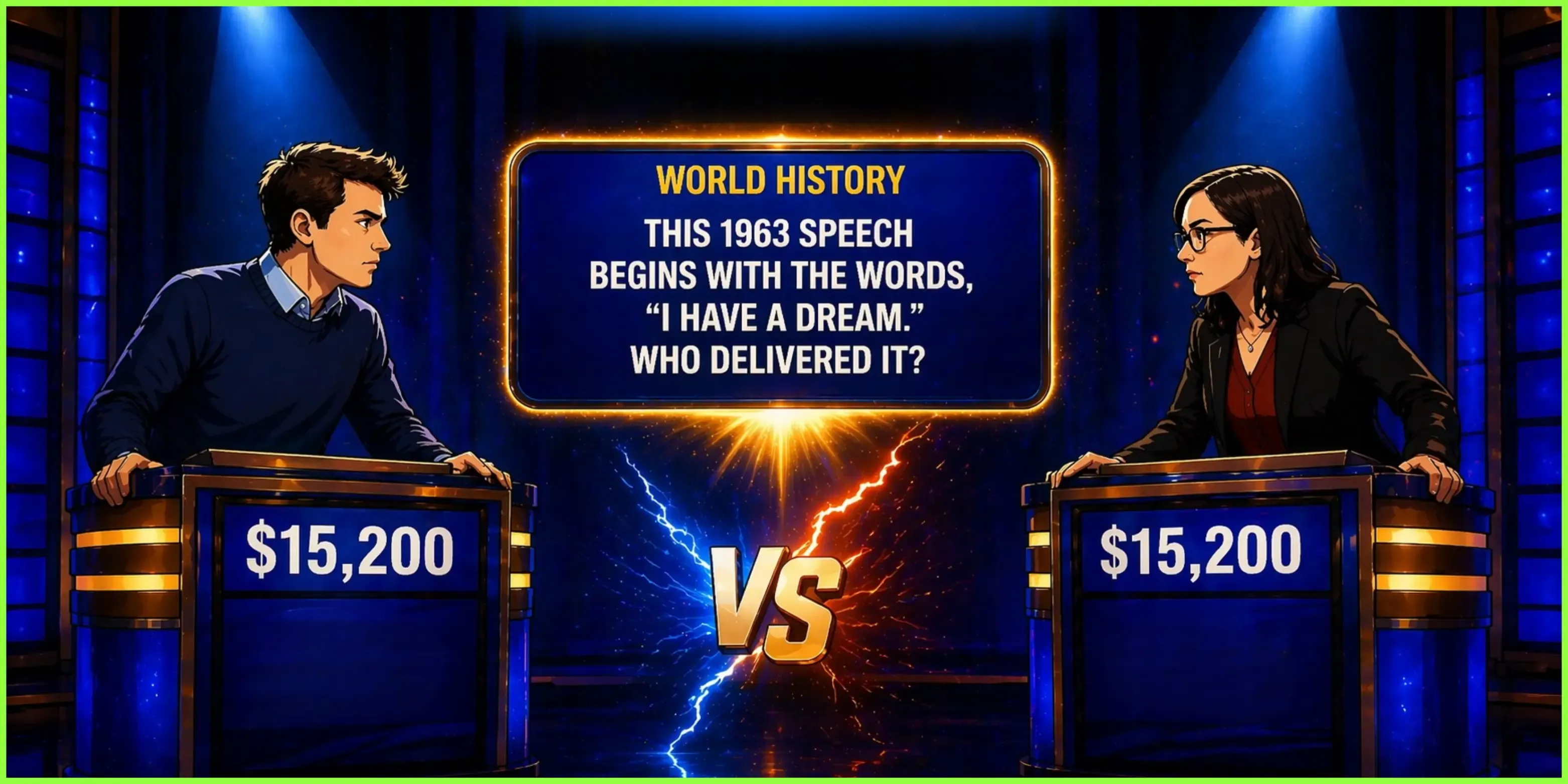 Two tied contestants competing in a sudden-death Jeopardy tiebreaker round.