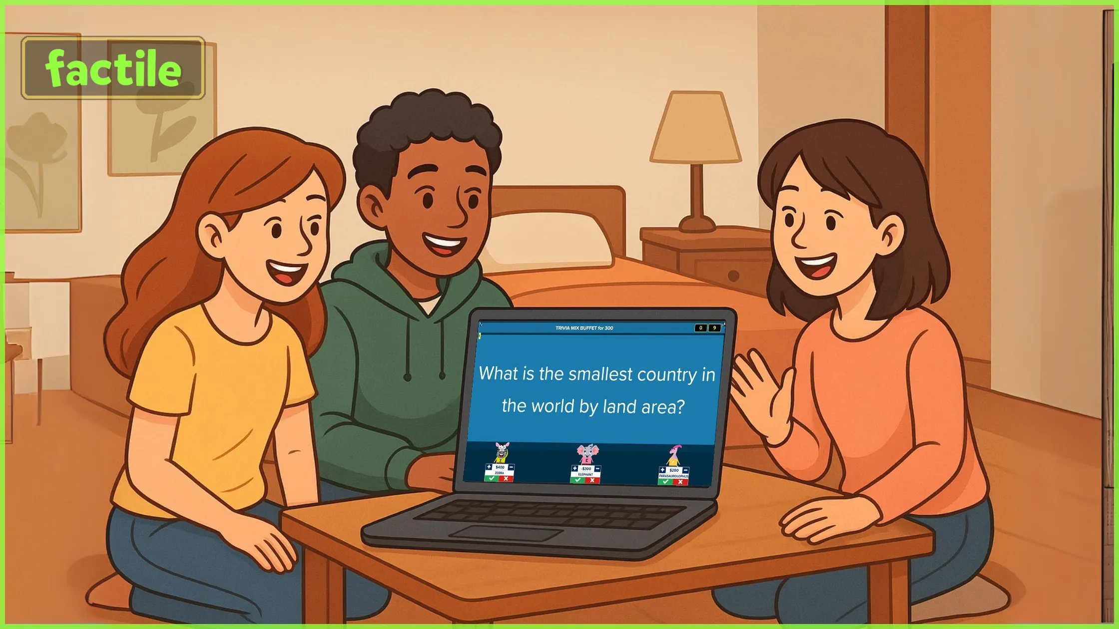 An illustration of three friends, two women and one man sitting and playing a Jeopardy game on Factile. The laptop screen shows a question: 