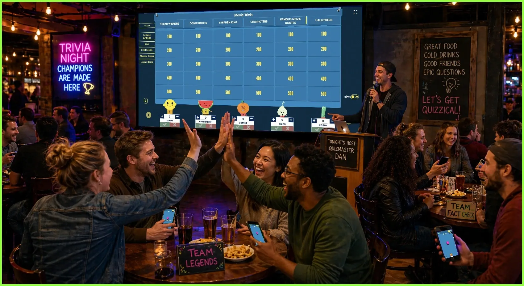 A lively group of adults at a social trivia night cheering and playing a quiz on a large screen powered by a Factile.