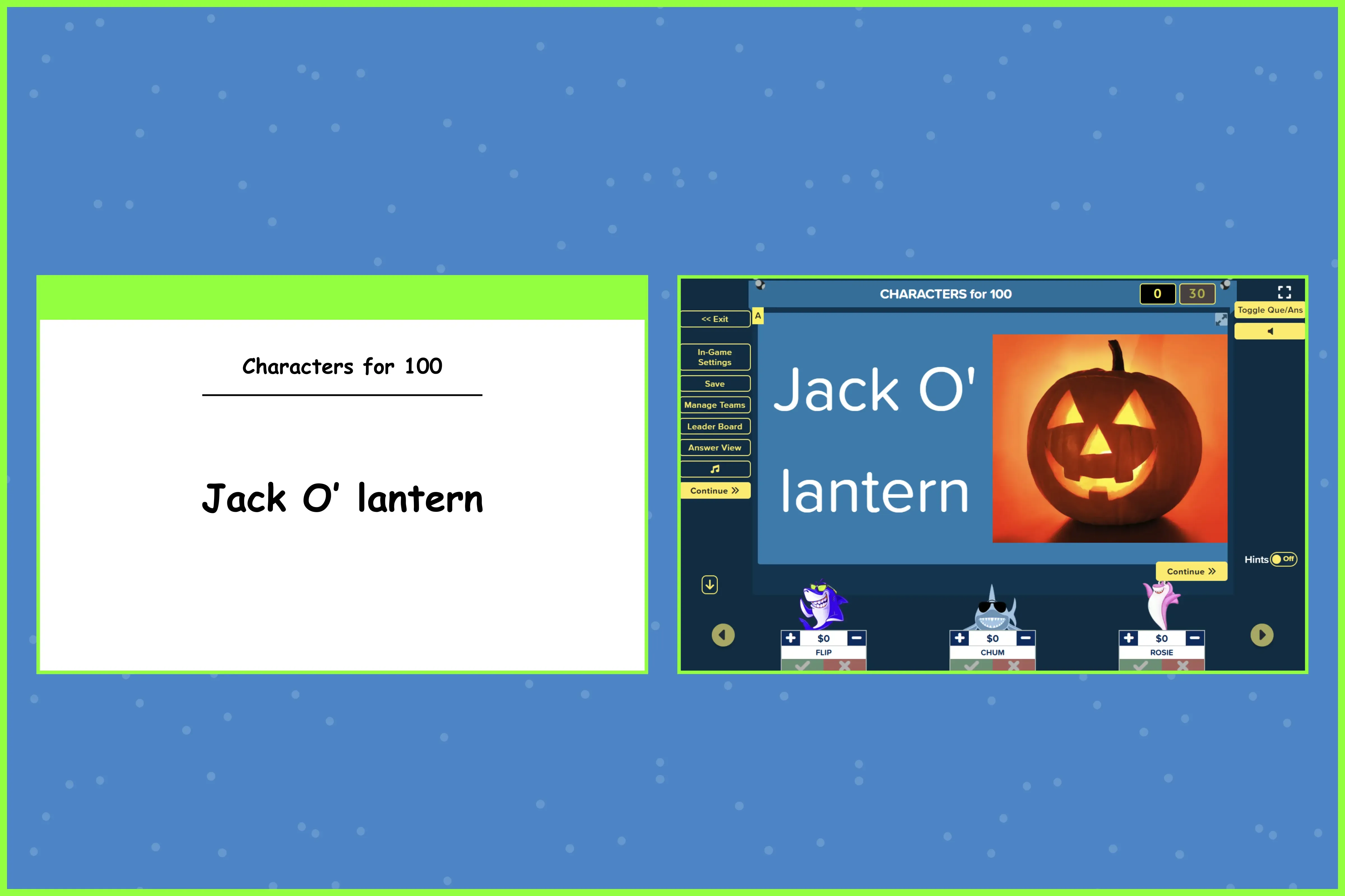 Comparison showing a plain text question next to a Factile screen featuring a vibrant image of a pumpkin.