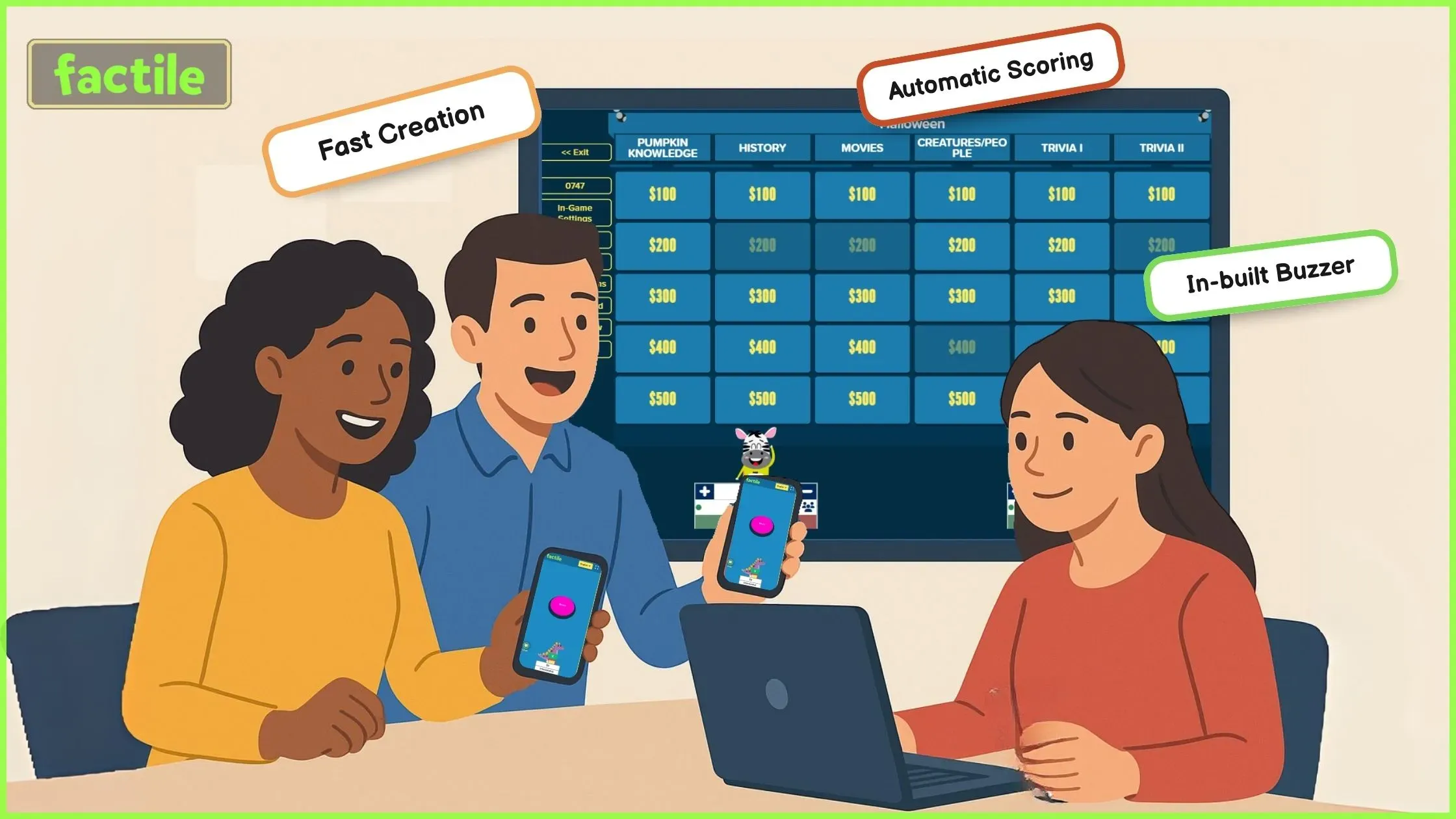  An illustration of three smiling people looking at a laptop with an online Jeopardy game on the screen. The game includes a prominent 