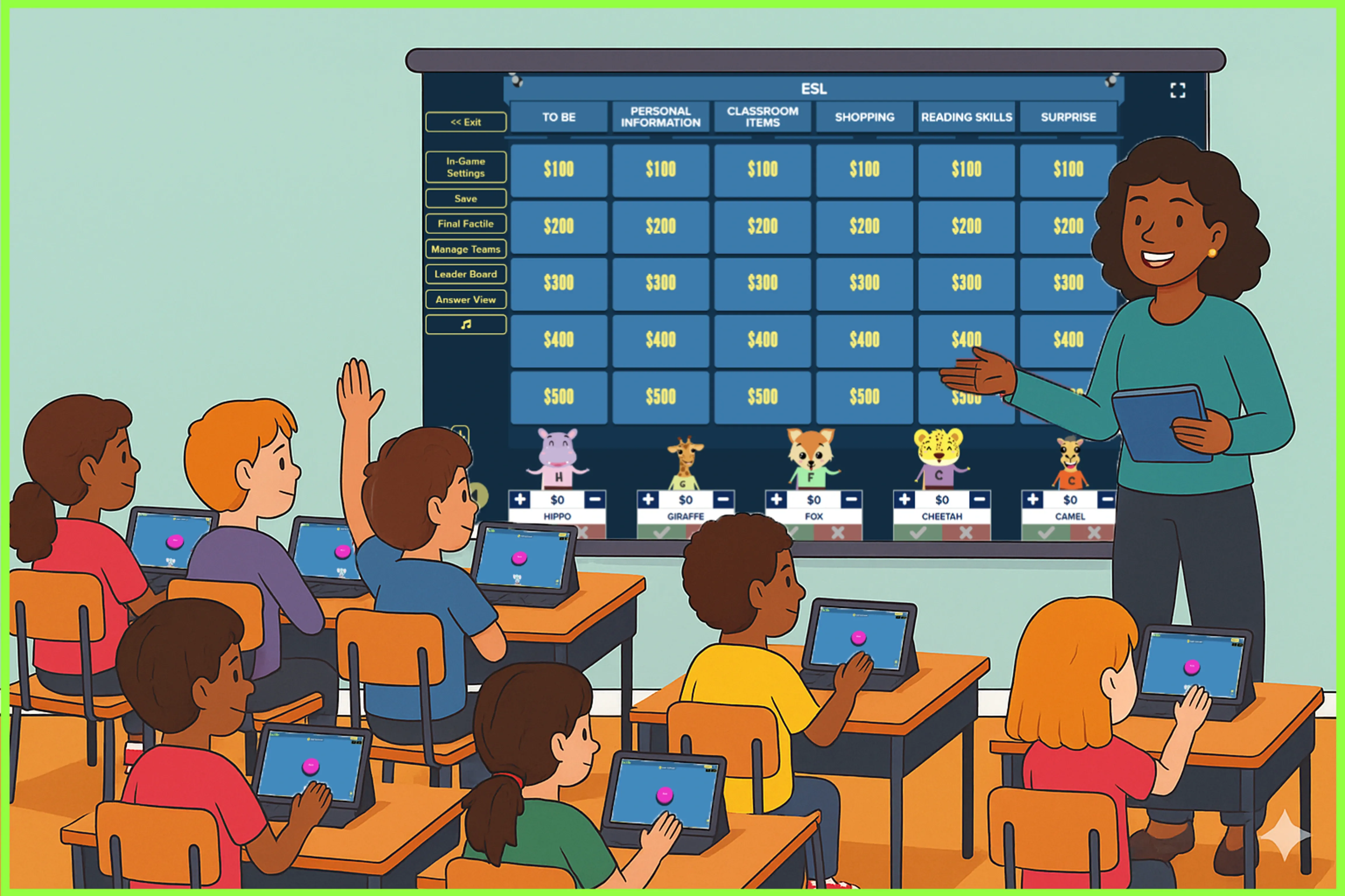 Illustration of a teacher leading an ESL Jeopardy game in a classroom with young students using tablets to buzz and answer questions displayed on a large screen.